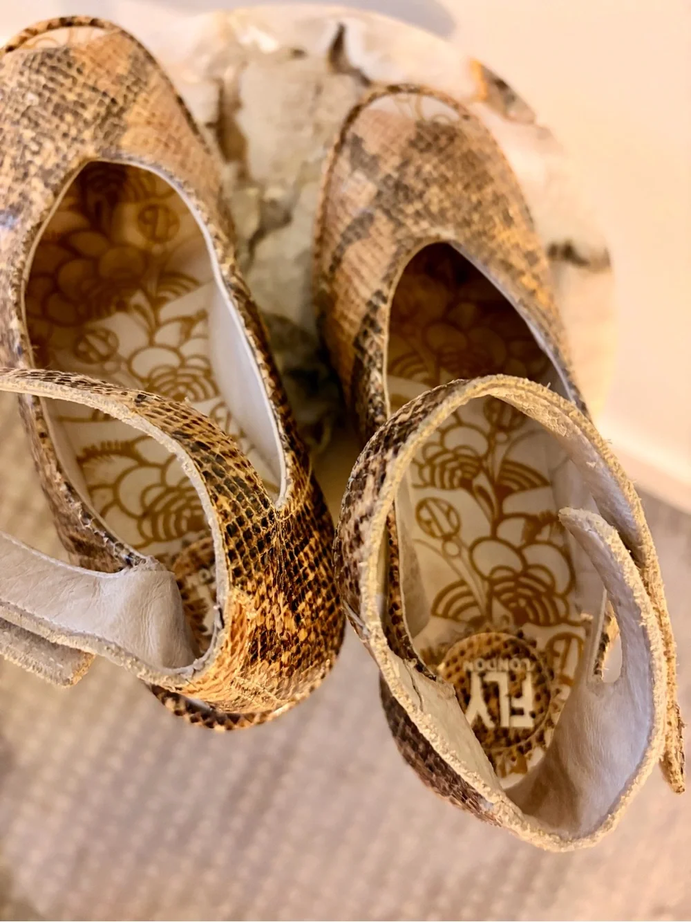 Fly London Women's Tan Snakeskin Wedge Sandals